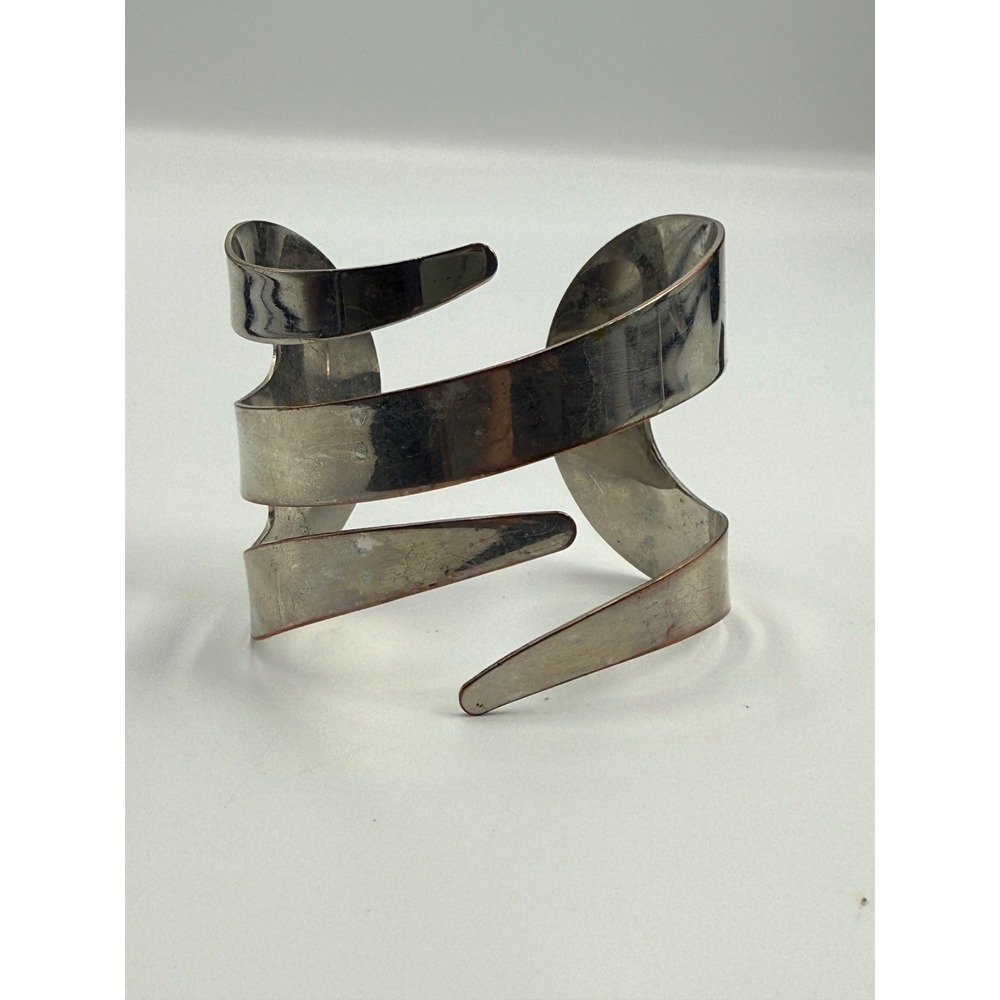 Vintage Modernist Silver Tone Abstract Sculptural Wide Wrap Cuff Bracelet